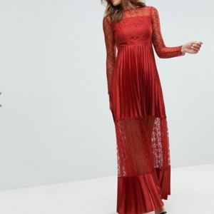 ASOS Satin Paneled Lace Pleated Maxi Dress